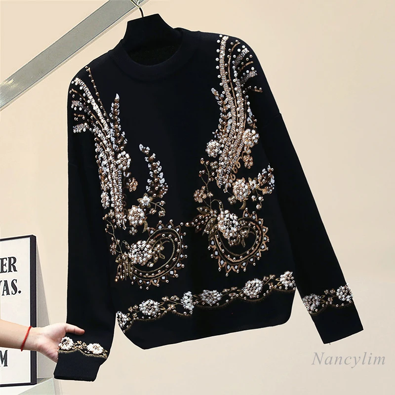 Studded Beaded Petal Pullover Knitting Sweater