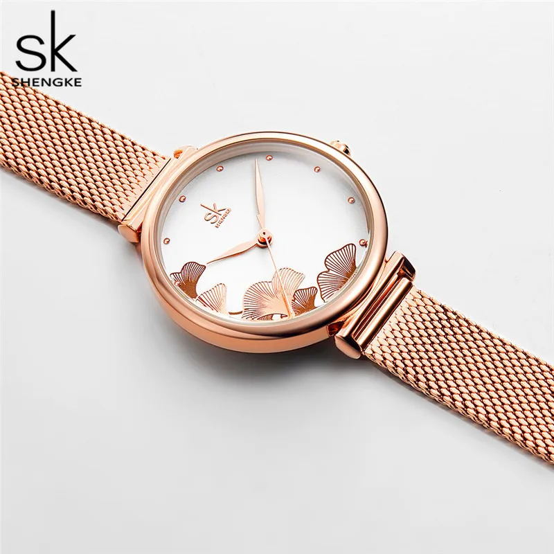 Shengke Top Luxury Brand Women Watch Unique Design Big Flower Dial Quartz watches Mesh Steel Band Waterproof Wristwatch Female