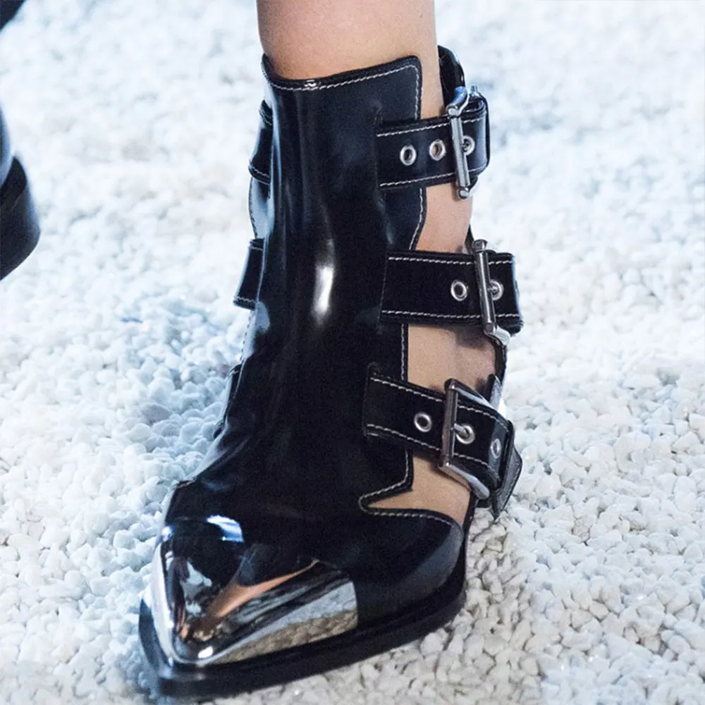 

New Genuine Cow Leather Cutout Low Heels Ankle Bootie Women's Iron Pointed Toe Casual Roman Gladiator Boots Show Stage Shoes