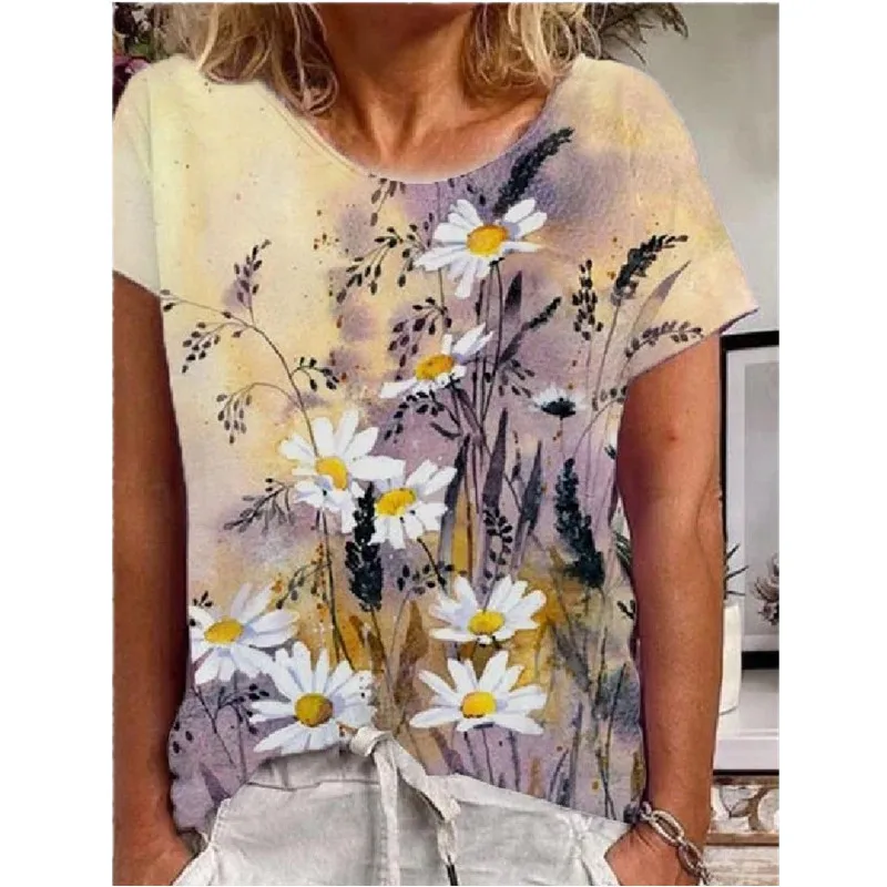 2021 New Summer Age Reduction Hedging Loose Print Urban Casual Round Neck Large Size Short-Sleeved Women's T-Shirt