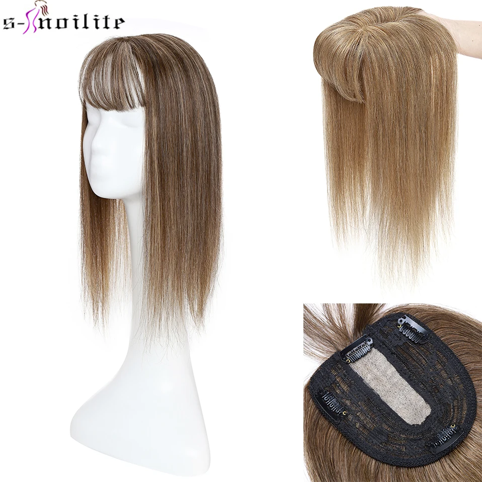 S-noilite-extensiones de cabello para mujer, 10x12cm, Base de seda, pelucas de cabello humano con flequillo, Remy, 2.5x9cm
