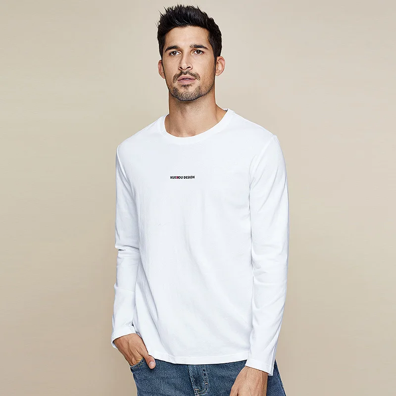 KUEGOU, осень, хлопок, простая белая футболка с принтом, Мужская футболка, брендовая футболка с длинным рукавом, футболка, модная одежда, топ 7761 - Цвет: White
