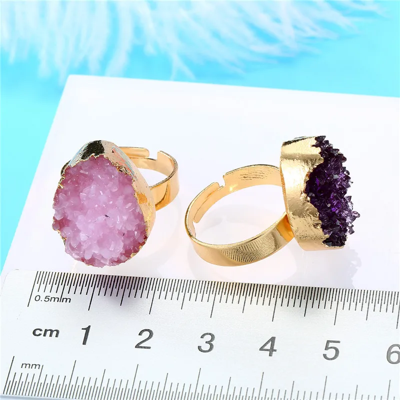 2020 New Resin Rings Geode Quartz Crystal Rings Oval Pink Blue Ring Gold Plated Rings For Women Accessories Jewelry (13)