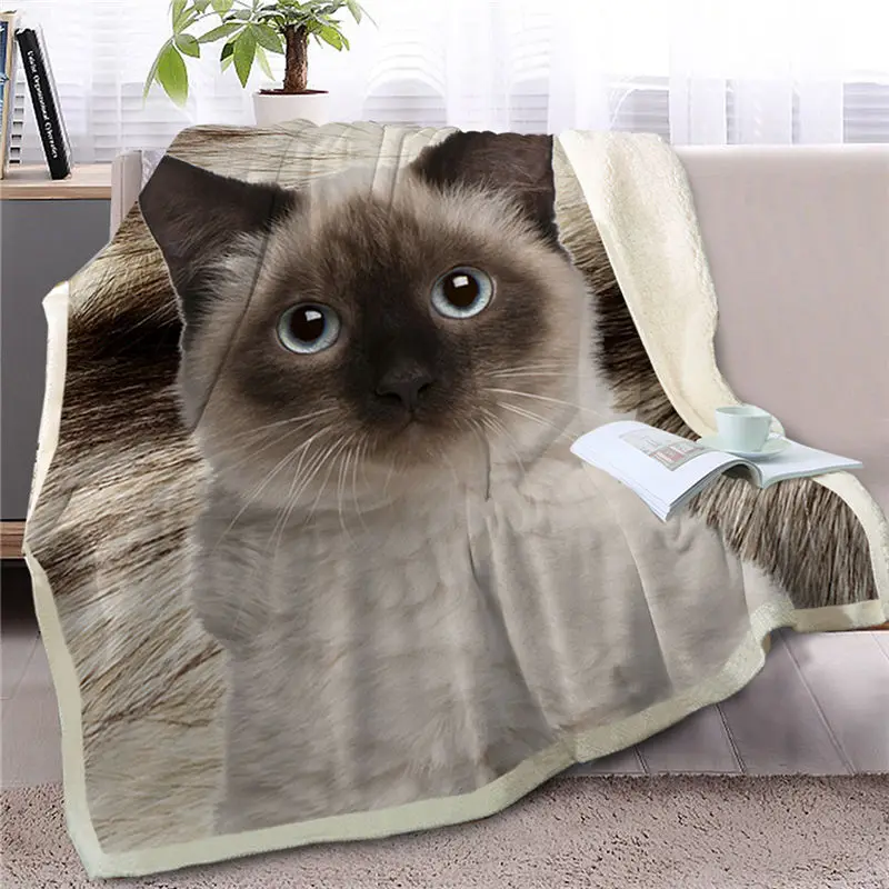3D животное серый Кот пледы одеяло на кровать плюшевые шерпа одеяло Pet сиамские покрывала мех печати тонкое одеяло - Цвет: Cat 2