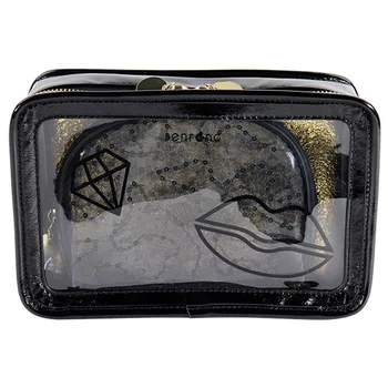 

PU Makeup Bag Set Transparent PVC Zip Square Sling Bag Makeup Bag 3 Pieces set