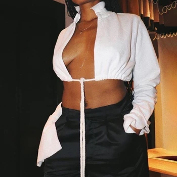 

Solid Flare Sleeve Drawstring T-Shirts Open Front Crop Tops Autumn Turtleneck Sexy Party Clubwear Female Fashion Outfits