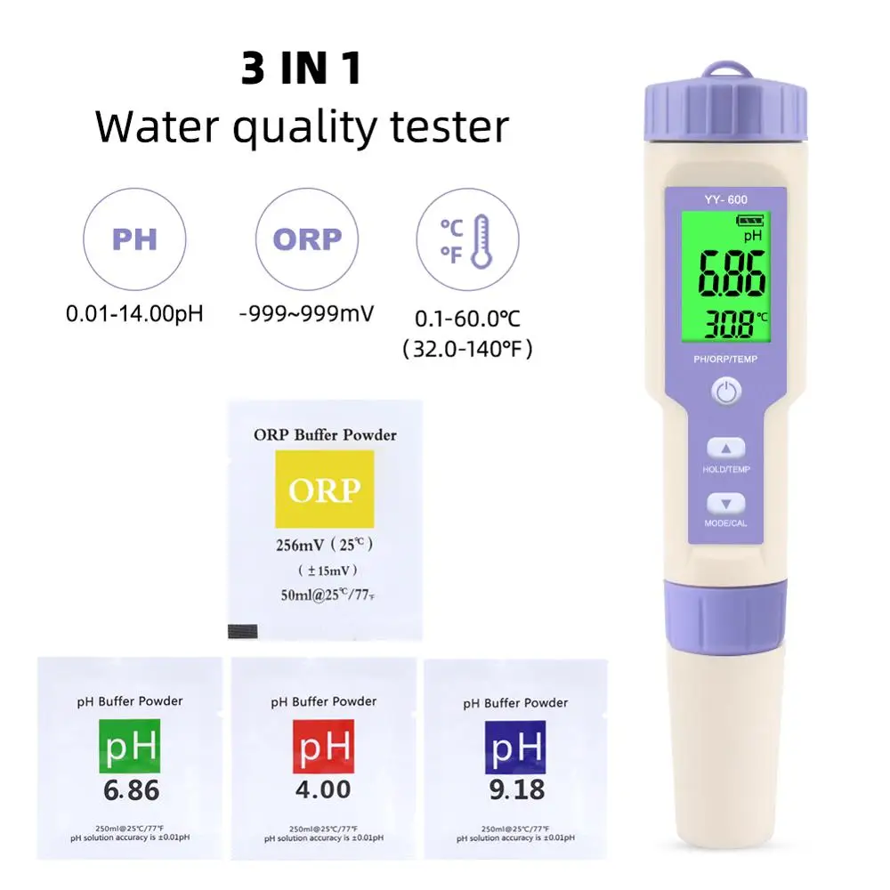 

Yieryi Professional Digital Water Quality Tester PH/ORP/TEMP 3 In 1 Test Pen With Calibration Powder For Aquarium Swimming Pool