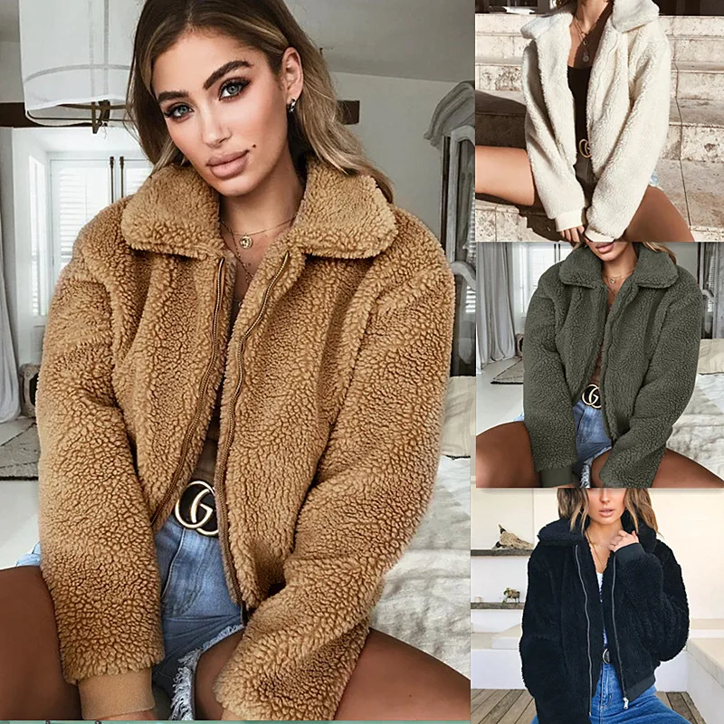 Fleece Coat Women New Fashion Long Sleeve Warm Faux Fur Coat Casual Turn Down Collar Zipper Bomber Jacket Outwear Plus Size
