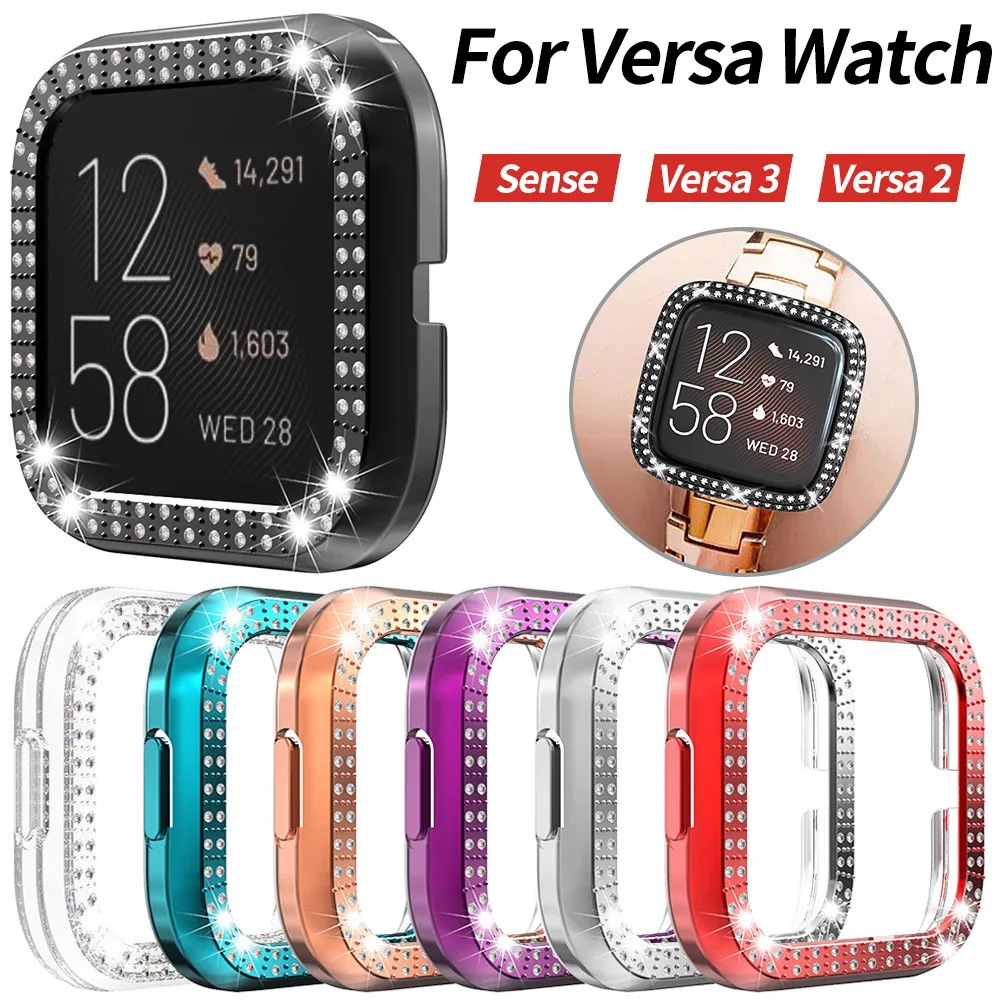 럭셔리 더블 다이아몬드 여성 PC 커버 Fitbit 감각 Versa 3 2 1 라이트 시계 케이스 보호 프레임 Versa3 범퍼 블링 쉘