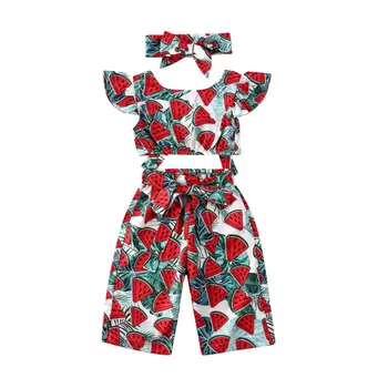 

Pudcoco Summer Baby Watermelon Print Ruffles Sleeve Tops + Pants + Headband Outfits Toddler Girl Clothes 1-5Y