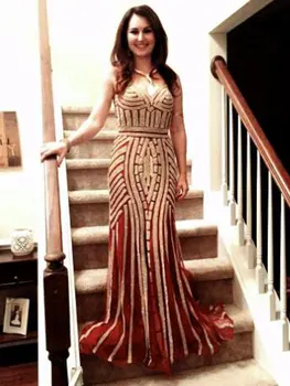 

Charming Spaghetti Straps V-Neck Prom Party Dress Backless Sequins Sweep Train Evening Formal Dress