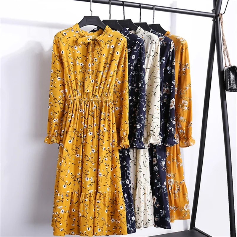 

Flower Print Chiffon Dress Long Sleeve Women 2019 Spring Autumn Dress Slim High Waist Bow Midi Dress 29 Colors