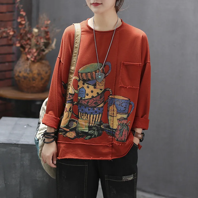 

Women Spring Summer Fashion Brand Cotton Long Sleeve O Neck Cup Cartoon Printing Oversized Tshirt Female Vintage Casual Tees