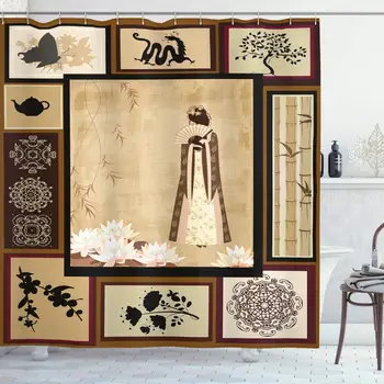 

Japanese Shower Curtain Girl in Traditional Dress and Cultural Patterns Ornaments Antique Eastern Collage Cloth Bathroom Decor