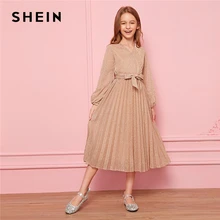 SHEIN/детское Пастельное розовое платье с запахом и поясом для девочек; Плиссированное блестящее платье для детей; коллекция года; сезон осень; Расклешенные платья с v-образным вырезом и рукавами «Бишоп»