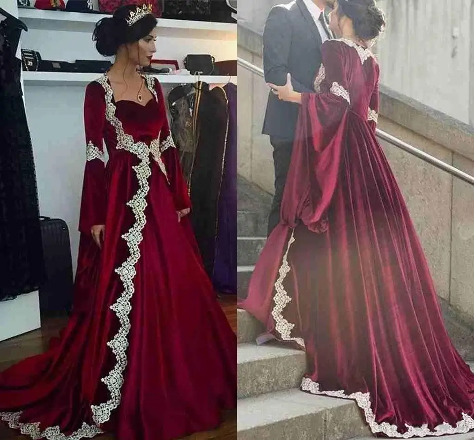 

2021 Sweetheart Long Sleeves Kaftan Prom Evening Dresses Hot Velvet With Appliques Vintage Muslim Burgundy Pageant Party Gowns
