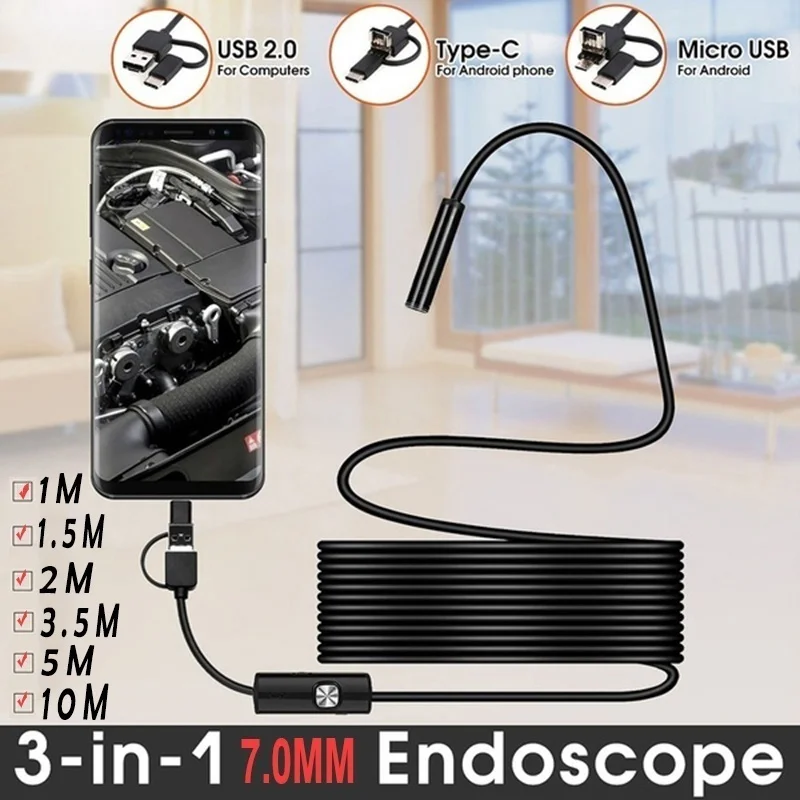 Mini cámara endoscópica USB tipo C, 7mm, 1M, 3,5 M, 5M, Cable duro Flexible, cámara de inspección por boroscopio de serpiente para teléfono inteligente Android y PC