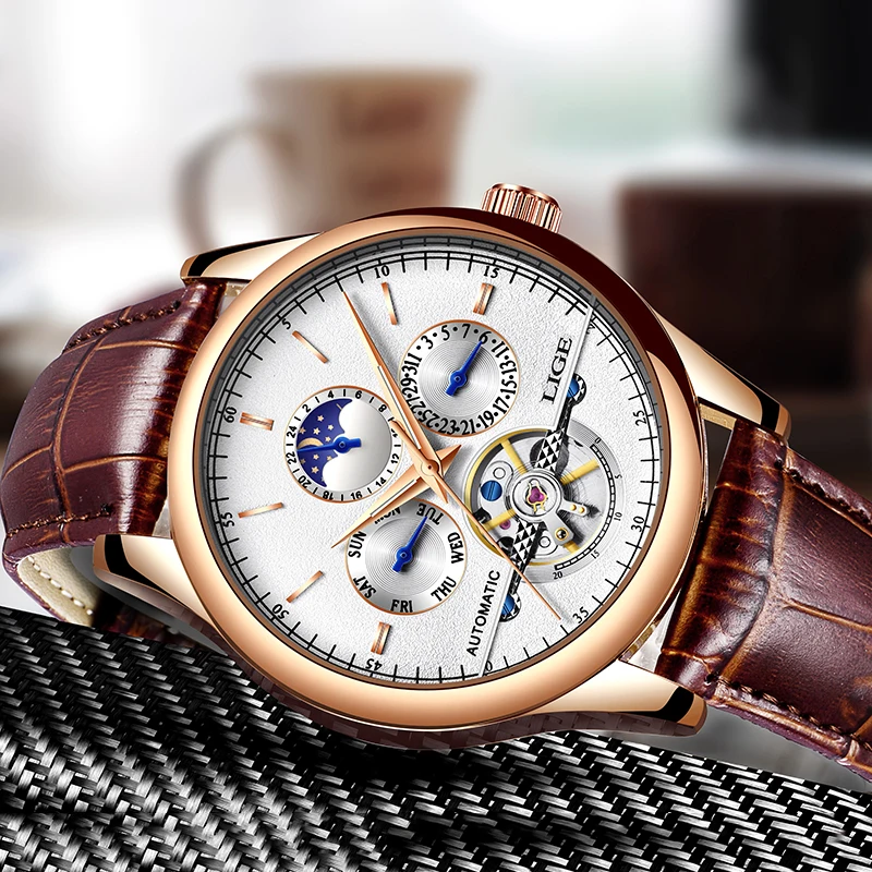 Mechanical Watch Diver Watch Mens Automatic Mechanical Watch Leather Waterproof Watch Week Clock+Box