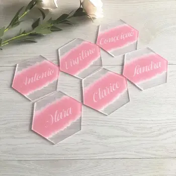 

10pcs Personalize Differant Names Blush Table Name Cards Transparent Acrylic Card Laser Cut Hexagon Shape Design