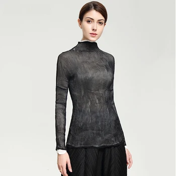 

LANMREM 2020 New Fashion Pattern Pleated Elegant Slim Thin Long-sleeved High-necked All Match Stretch Women's T Shirt AD058