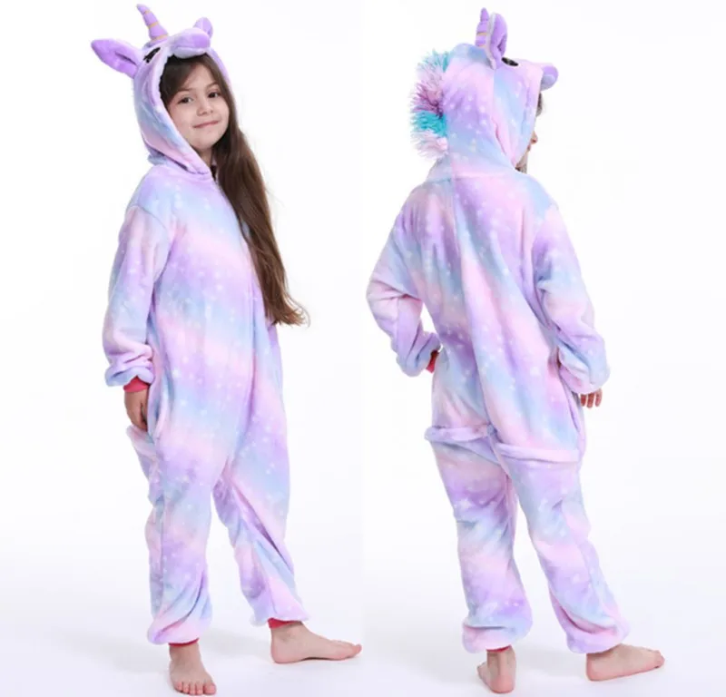 Winter Kigurumi Sleepwear For Girls Boys Animal Panda Stitch Unicorn Onesie Kids Baby Pyjama Cosplay Licorne Children Pajamas - Цвет: new purple