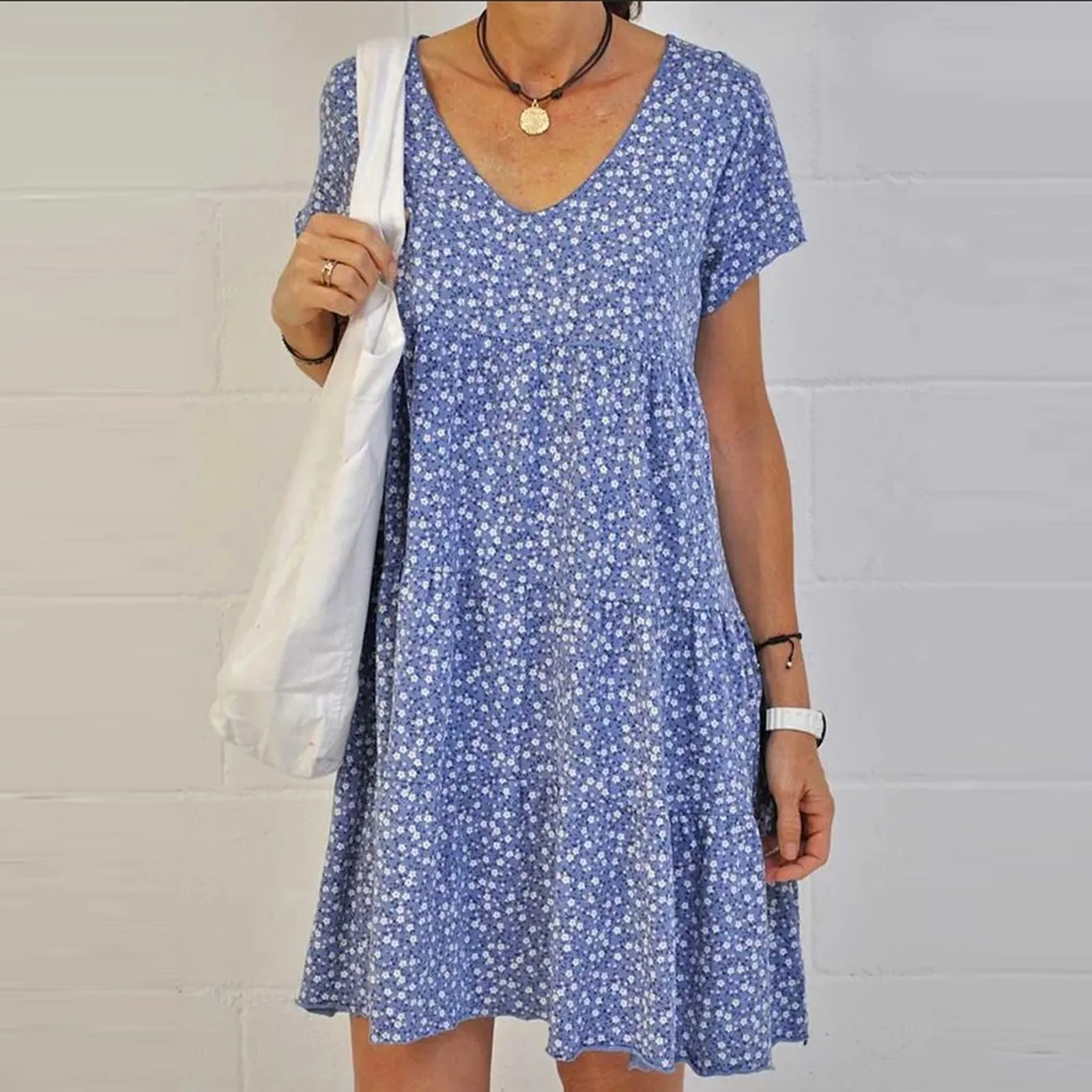 Summer Women's Casual Fashion Vintage Dress Slimming Floral Print Ladies Short-sleeved V-neck Dress Elegant Mujer Vestido 2021 1