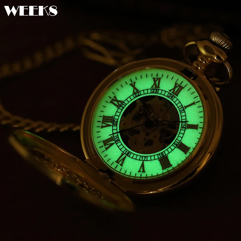 Roman Numeral Mechanical Pocket Watch Antique Vintage Luxury Gold Steampunk Skeleton Luminous Fob Chain Clock for Men Women Gift