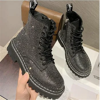 

New Punk Gothic Style Lace up Platform Ankle Boots Bling Rhinestone Women Booties Campus Sweet Student Shoes mujer zapatos