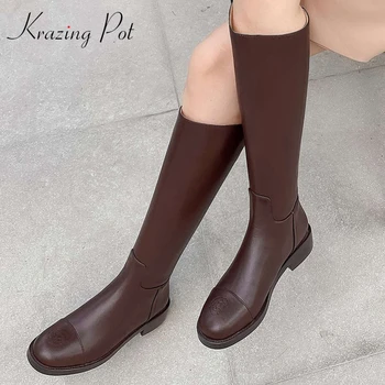 

krazing pot winter new boots genuine leather flowers decorations med square heel round toe zipper keep warm knee high boots L15