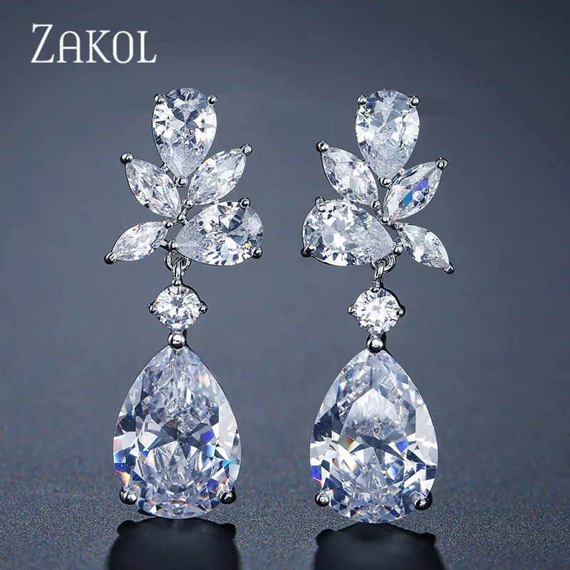 ZAKOL Romantic Bridal Wedding Accessories Jewelry Exquisite Cubic Zircon Dangle Drop Earrings With Rose Gold Color FSEP2196