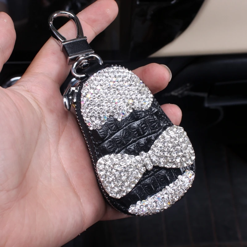 Unisex Fashionable Rhinestone Butterfly Keychain With Leather Strap +  Shockproof Black & Golden Car Key Cover + Compatible With Old Toyota Keys