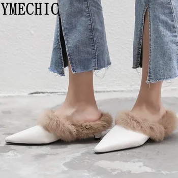

YMECHIC 2019 Fashion Genuine Real Leather Fur Mules Block Heel Sexy Shoes Pointed Toe Medium Heels Woman Shoes Pumps Spring