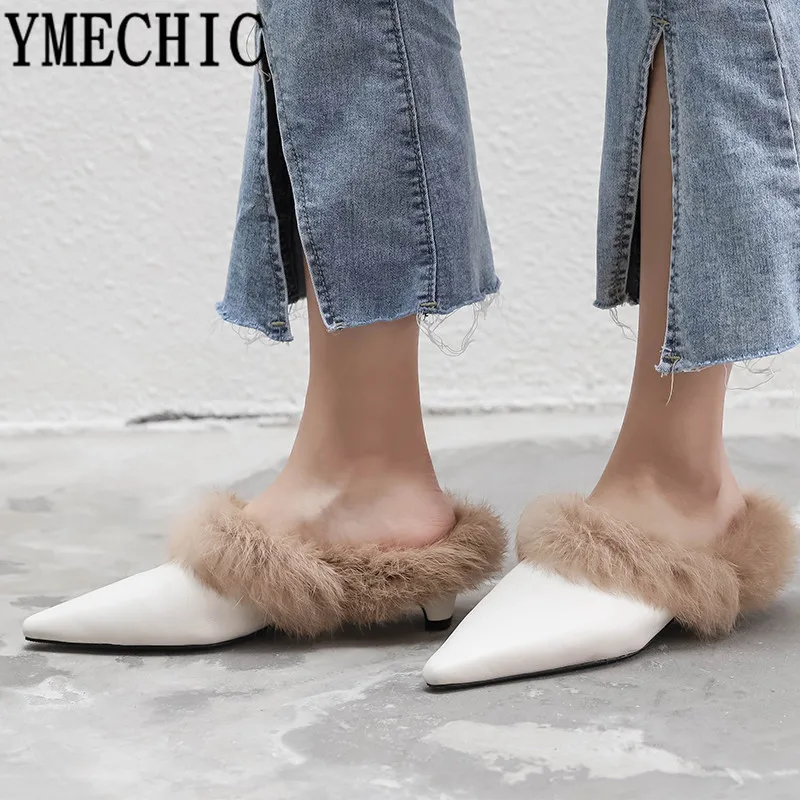 Женские туфли лодочки на меху YMECHIC весенние из натуральной кожи блочном каблуке с