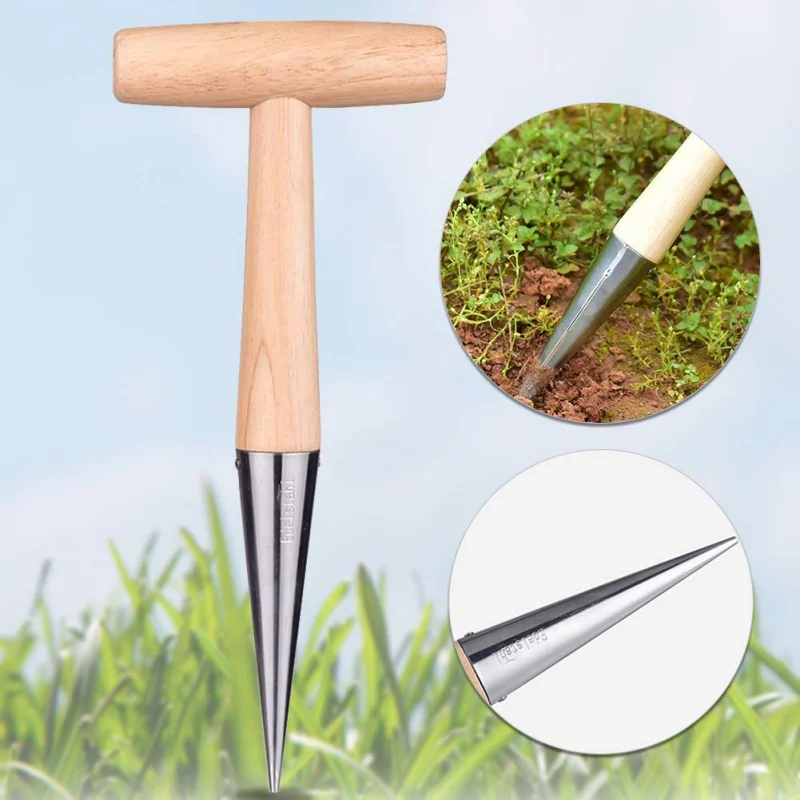 Soil Puncher With Wood Handle Portable Outdoor Punching Hole Tool Garden Supplies Planting Flowers Planting Fittings