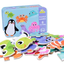 Puzzle 3D en bois pour enfants, boîte de fer, animaux de dessin animé, jouets éducatifs précoces Montessori, cadeaux pour enfants