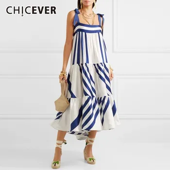 

CHICEVER Elegant Striped Hit Color Dress For Women Square Collar Spaghetti Strap Lace Up Batwknot Midi Dresses Female 2020 New