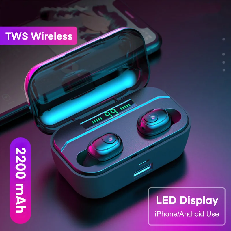 

TWS Wireless headphones Bluetooth V5.0 Mini True Wireless Earphones LED Display With 2200mAh Power Bank Headset