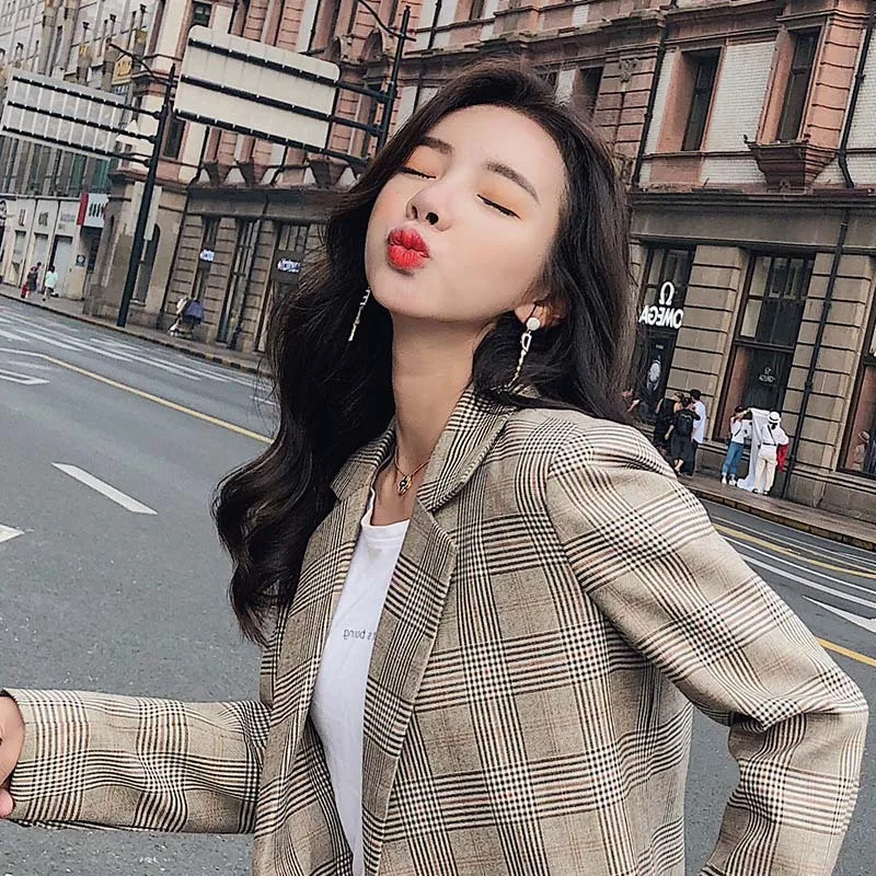 

2019 Spring And Autumn Korean-style Small Suit Women's CHIC Retro Plaid Casual Loose-Fit British Style Non-mainstream Suit Coat