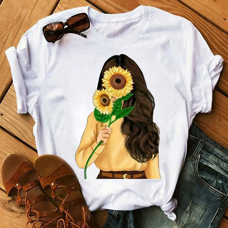 Fashion Women T Shirt Sunflower Girl Printed T Shirt Casual Black Tops 90s Ladies Girl Tee Shirt Female Harajuku Graphic T-shirt sport t shirt