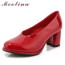 Meotina женские туфли-лодочки на высоком каблуке туфли из лакированной кожи на высоком толстом каблуке Модные Туфли с круглым носком новые женские красные туфли; большие размеры 34-46