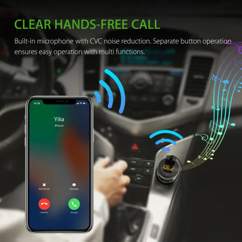 Беспроводное зарядное устройство QC3.0 с функцией громкой связи, радио, fm-передатчик, аудио адаптер с двумя USB