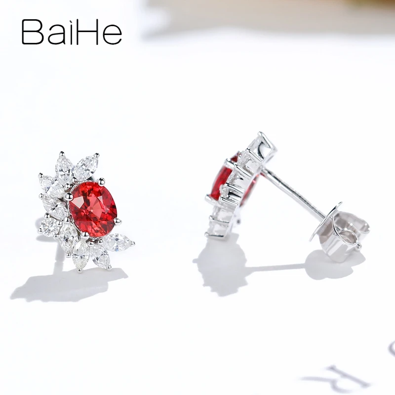 BAIHE, 14 карат, белое золото, 0.80ct, натуральный рубин, 0.44ct, H/SI, бриллианты, свадебные, для женщин, хорошее ювелирное изделие, рубис, серьги с бриллиантами