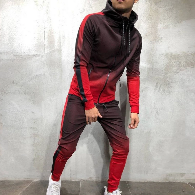 

PUIMENTIUA 2 Pieces Zipper Tracksuit Men Set Sporting Sweatsuit Clothes Printed Hooded Hoodies Jacket Pants Track Gradual Sets