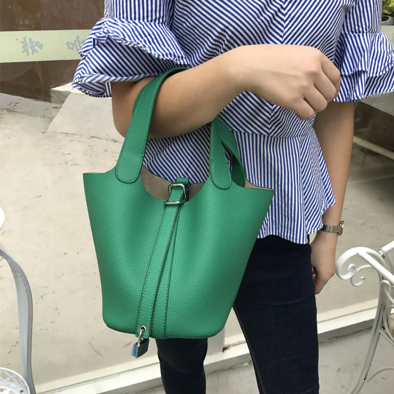 

Bucket Bag Vegetable Basket Pack Two-piece Set Coloured Litchi Pattern Simulated Leather Handbags Female Tote Composite Bags