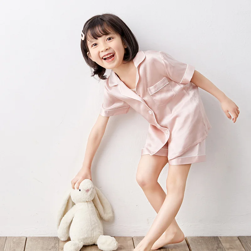 Стиль, детский Пижамный костюм из натурального шелка, шорты с коротким рукавом, летняя детская шелковая одежда для мужчин и женщин, домашняя одежда