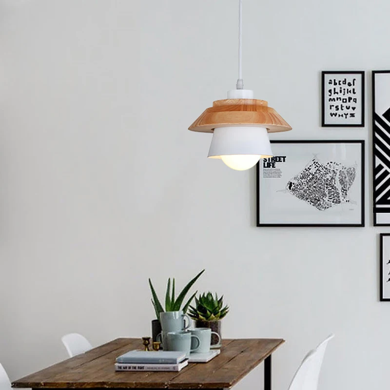 

Dining Room Pendant Lamps Modern Restaurant Coffee Bedroom Indoor Lighting Iron+Solid Wood E27 Holder Pendant Lights