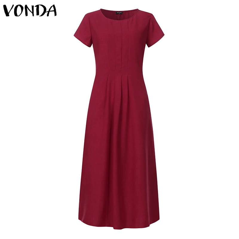 Повседневное платье для беременных VONDA, винтажное свободное платье с коротким рукавом, богемное летнее платье с круглым вырезом, женский сарафан - Цвет: Бордовый
