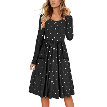 

Bikitique Printed Round Neck Button Waist Pocket Sexy Dress Commute Banquet Sweet Elegance Wave Point Party Dress Women