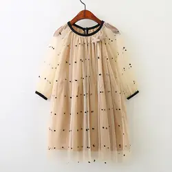 Осеннее милое Сетчатое платье в горошек для маленьких девочек Хлопковое милое платье принцессы с длинными рукавами для детей