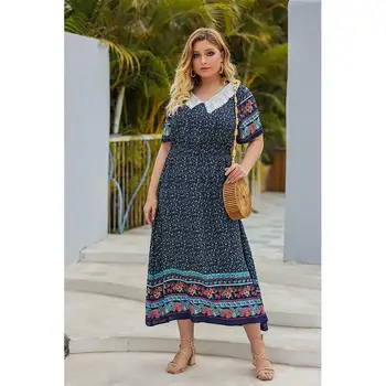 

COCOEPPS 2020 Summer Plus size Doll Collar Long Floral Dress Women Casual Maxi Printed Dress Boho 4XL Vintage Large Size Dresses